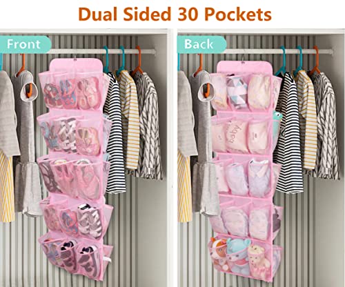 MISSLO 30 Large Pockets Dual Sided Hanging Shoe Organizer for Closet with Rotating Hanger Hanging Shoe Shelves, Pink