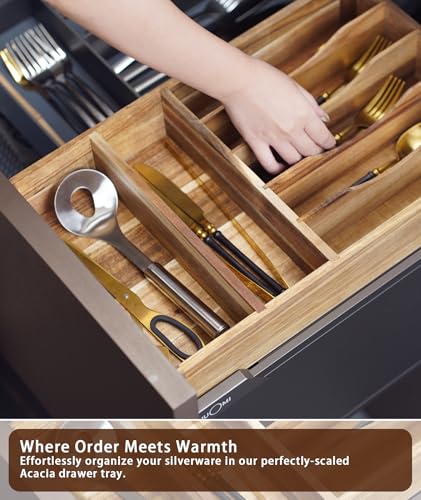 Silverware Drawer Organizer, Acacia Wood Tray for Cutlery & Flatware | Fixed 10.5" Wide, 7-Compartment Utensil Holder for Forks & Spoons