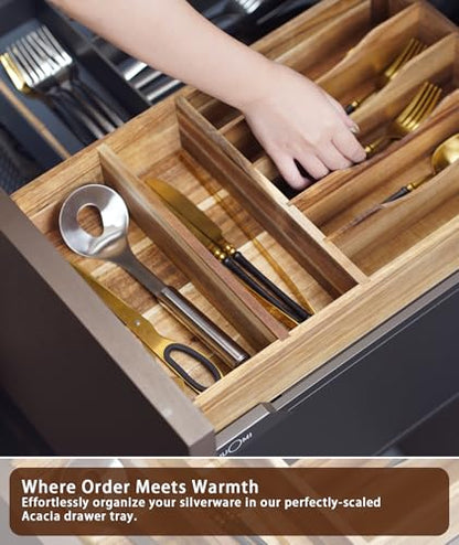 Silverware Drawer Organizer, Acacia Wood Tray for Cutlery & Flatware | Fixed 10.5" Wide, 7-Compartment Utensil Holder for Forks & Spoons