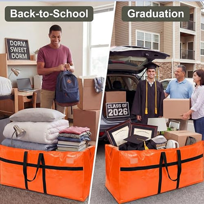 2 Pcs 66 Gallon Extra Large Moving Bags Storage Bags with Zipper and Handles Heavy Duty Duffle Bag Foldable Tote Bag for College Dorm Travel Clothes Blankets Bedding Moving(Orange)