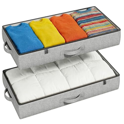 2-Pack Under Bed Storage Containers, 4.5 Inches Tall Clothes Storage, Grey | Low Profile Collapsible Underbed Organizer Bin with Sturdy Sidewalls/Bottom, Cotton-linen, For Seasonal Clothes & Bedding
