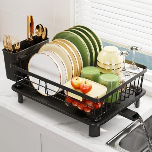 Dish Drainer Rack with Drip Tray, Sink Dish Draine... (Black | Metal)