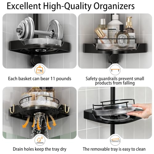 360° Rotating Corner Shower Caddy Tension Pole Organizer (Black) | 4-Tier rotating shelves with hooks, adjustable tray height, upgraded rustproof metal pole, removable trays for shower storage