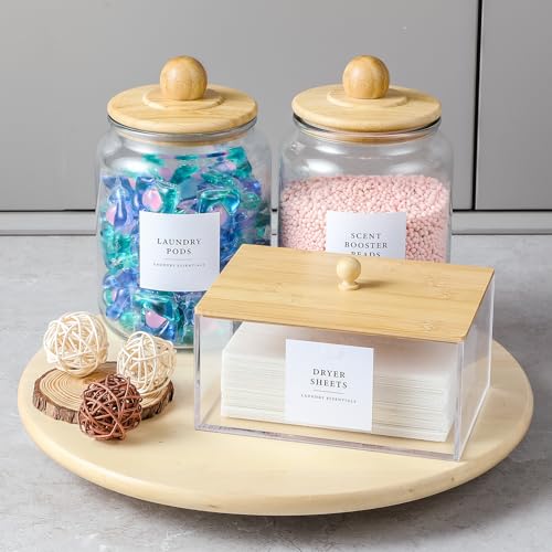 Glass Jars and Dryer Sheet Holder with Bamboo Lids, Dispenser Set and Labels, Containers for Laundry Room Organization and Storage, Half Gallon Airtight jars, Acrylic Storage Box for Laundry supplies