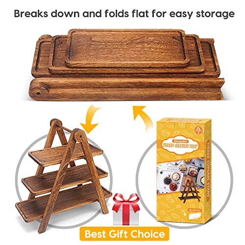 Wood 3 Tier Serving Tray Three Tiered Cupcake Stand, Rectangle Serving Platter Wooden Farmhouse Tiered Tray, Party Serving Brown Decorative Tray Decor