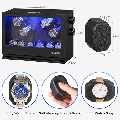 BEWISHOME Watch Winders for Automatic Watches, 4 Watch Winder | 6 Watch Display Case with Led Light 4 Modes, Automatic Watch Winder Box with Japanese Quiet Motor USB-C Adapter, Black SYQ04B