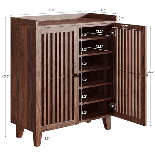 IRONCK Shoe Cabinet with Slatted Doors, 6-Tier Shoe Storage Cabinet, Walnut | Adjustable Shelves, Wooden Shoe Rack Organizer for Entryway, Hallway, Closet, Living Room