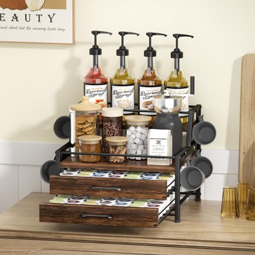 Coffee Syrup Rack Organizer - 4-Tier 8 Syrup Wine Bottles Stand with 82 Storage Drawer for K Cups, Coffee Pod Holder for Countertop, Bar Station, Kitchen, Rustic Brown