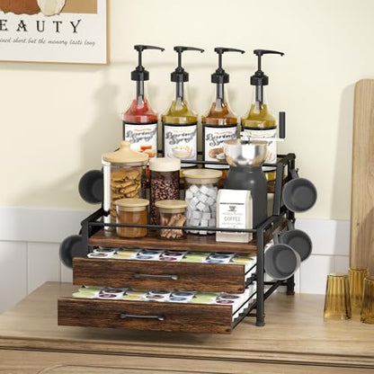 Coffee Syrup Rack Organizer - 4-Tier 8 Syrup Wine Bottles Stand with 82 Storage Drawer for K Cups, Coffee Pod Holder for Countertop, Bar Station, Kitchen, Rustic Brown