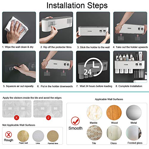 Toothbrush Holders for Bathrooms Wall Mounted, 6 Slot Toothbrush Holder with 2 Automatic Toothpaste Dispensers, 2 Magnetic Cups, Large Capacity Bathroom Organizer, Wall Storage with Drawer