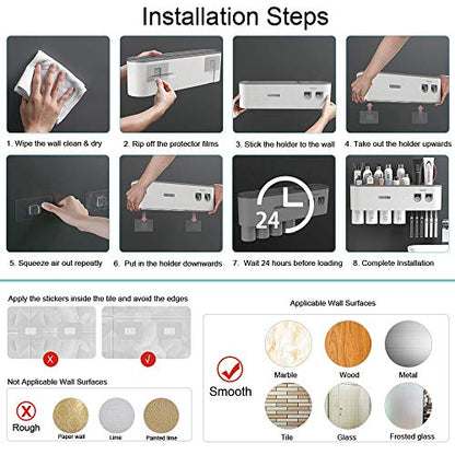 Toothbrush Holders for Bathrooms Wall Mounted, 6 Slot Toothbrush Holder with 2 Automatic Toothpaste Dispensers, 2 Magnetic Cups, Large Capacity Bathroom Organizer, Wall Storage with Drawer