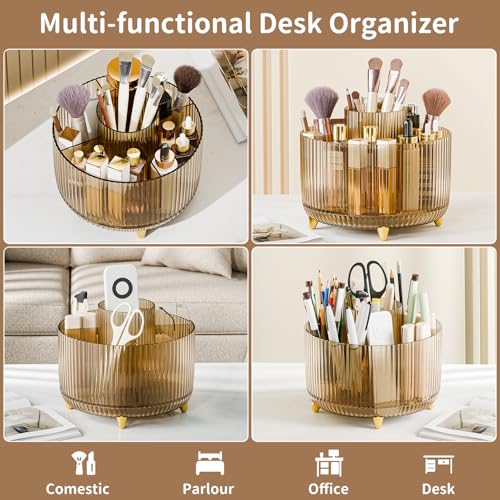 fanado 360° Rotate Makeup Brush Holder Organizer, Makeup Organizers Countertop, Makeup organization and Skincare Storage for Vanity, Desktop, Bathroom (Clear Amber)