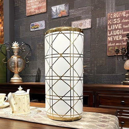 ZOEJADE 18”H Ceramic Umbrella Stand Modern Style Floor Vase for Entryway | Porcelain Umbrella Holder Contemporary Floor Vase for Storing Canes Walking Sticks for Entryway Indoor Home Decor White Gold