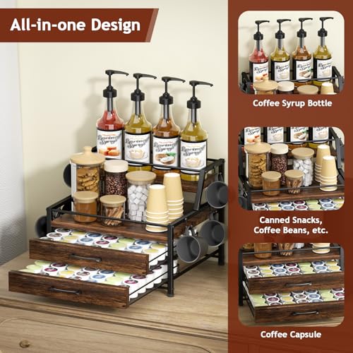 Coffee Syrup Rack Organizer - 4-Tier 8 Syrup Wine Bottles Stand with 82 Storage Drawer for K Cups, Coffee Pod Holder for Countertop, Bar Station, Kitchen, Rustic Brown
