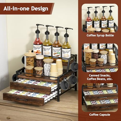 Coffee Syrup Rack Organizer - 4-Tier 8 Syrup Wine Bottles Stand with 82 Storage Drawer for K Cups, Coffee Pod Holder for Countertop, Bar Station, Kitchen, Rustic Brown