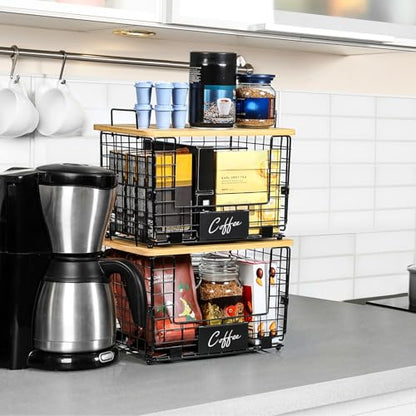 2 Set XL Stackable Wire Basket with Bamboo Tops & Tags- Pantry Organizer and Storage Bins, Kitchen Counter Cabinet Shelf Countertop Under Sink Organizing, Food Snack Produce Onion Potato Bread Storage