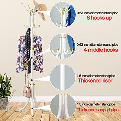 Free-Standing Coat Rack Metal Stand Hanger 12-Hooks Organizer | Hall Tree Entry-Way Furniture for Hanging Up Jacket, Hand-Bag, Cloth, Hat, Winter Scarf Holder for Home or Office Floor