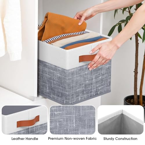 Collapsible Storage Baskets for Shelves,14"x10", 4 Pack Foldable Fabric Storage Bins with Double Leather Handles, Large Baskets for Organizing Books, Clothes, White & Grey