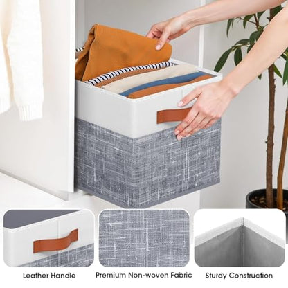 Collapsible Storage Baskets for Shelves,14"x10", 4 Pack Foldable Fabric Storage Bins with Double Leather Handles, Large Baskets for Organizing Books, Clothes, White & Grey