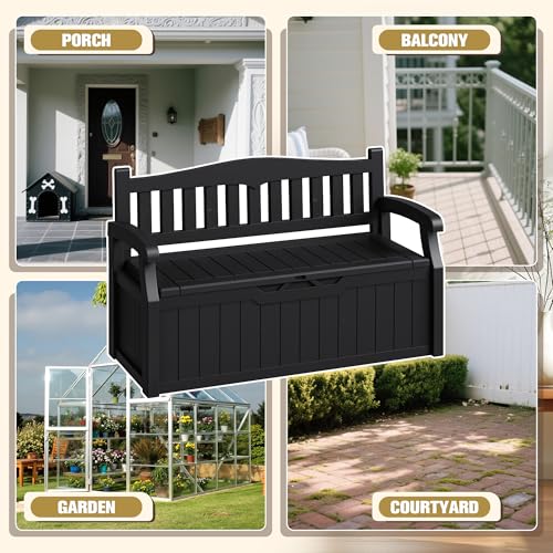 80-Gallon Outdoor Storage Bench for Patio, Garden, Pool, Black | Waterproof Deck Box with Lockable Lid & Armrests