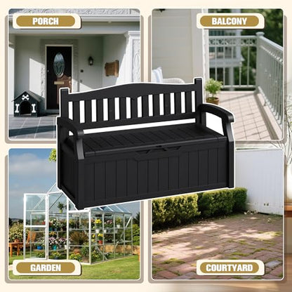 80-Gallon Outdoor Storage Bench for Patio, Garden, Pool, Black | Waterproof Deck Box with Lockable Lid & Armrests