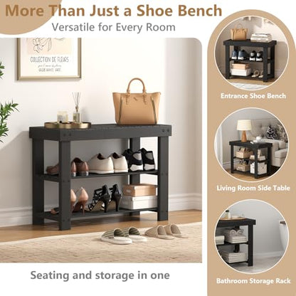 Sweetcrispy 3-Tier Shoe Rack Bench for Entryway, 27 Inches, Black | Bamboo Shoe Storage Bench, Shoes Rack for Entrance, Bedroom, Living Room, Balcony, 6 Pairs, 286lb Capacity