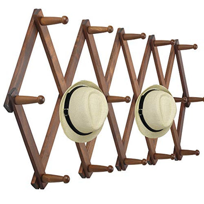 WEBI Accordion Wall Hanger, Wooden Coat Rack Wall Mounted, Hat & Cap Hook Rack, 16 Peg Hooks, Walnut Color
