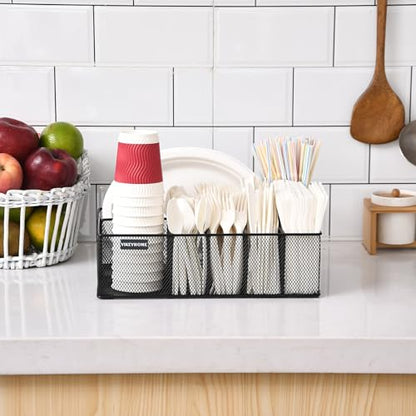 Paper Plate Organizer for Countertop, Black | Silverware Caddy with 6 Compartments for Cup, Napkin, Utensil Holder Caddy for Party, Camping, Picnic