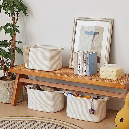 R RUNKA Cotton Rope Basket Set of 3 (15"x10.2"x9.1") - Rectangle Storage Bins - Versatile Toy Storage Organizer - Perfect for Kids, Dog Toys, Books, Shelves - White