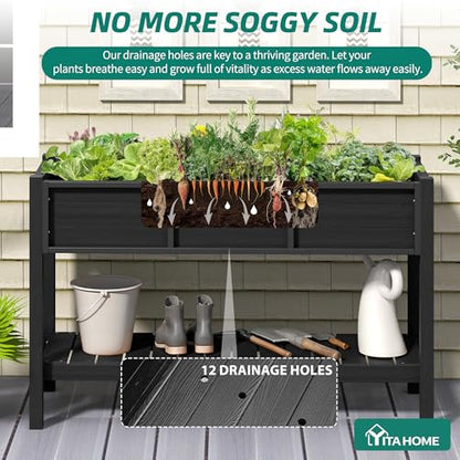 YITAHOME 48x18x30in Raised Garden Bed HDPE, Weather-Resistant Poly Lumber Planter Box with Legs & Storage Shelf, Elevated Garden Bed for Yard, Garden, Balcony - Black