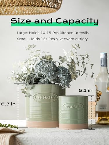 YHOSSEUN Kitchen Utensil Holder Set of 2, Utensil Crock for Countertop | 6.7"+5.1" Cooking Utensil Holder for Kitchen Counter, Oval Utensil Storage Organizer Farmhouse Kitchen Decor, Two-Tone, Green