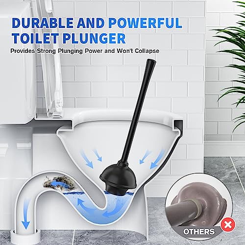 Toilet Plunger and Brush, Bowl Brush and Heavy Duty Toilet Plunger Set with Ventilated Holder, 2-in-1 Toilet Brush and Plunger Combo for 5.3-inch Toilet Drain Bathroom Cleaning (Black)