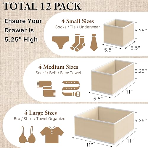 Simple Houseware Foldable Drawer Organizer Stocking Bin, Set of 12, Beige | Fabric Storage Bins for Clothes, Underwear, Bra, Panty, Socks, Onesies – Closet & Dresser Dividers for Home
