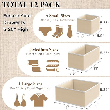 Simple Houseware Foldable Drawer Organizer Stocking Bin, Set of 12, Beige | Fabric Storage Bins for Clothes, Underwear, Bra, Panty, Socks, Onesies – Closet & Dresser Dividers for Home