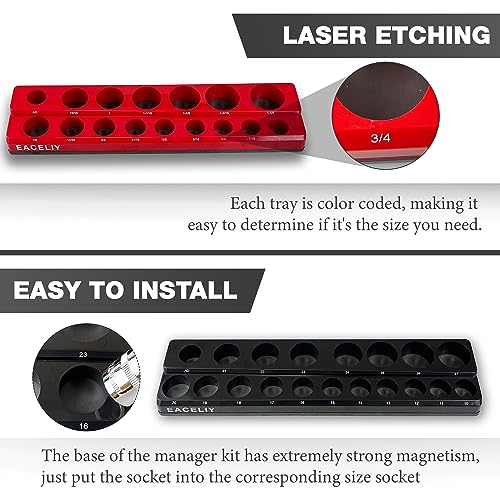 EACELIY Magnetic Socket Organizer Set, 1/2", 1/4" and 3/8" SAE & Metric Deep & Shallow Socket Holder Kit, holds 141 stanard Sockets, attaches to steel box/tool cart (sockets not included) 丨6PCS