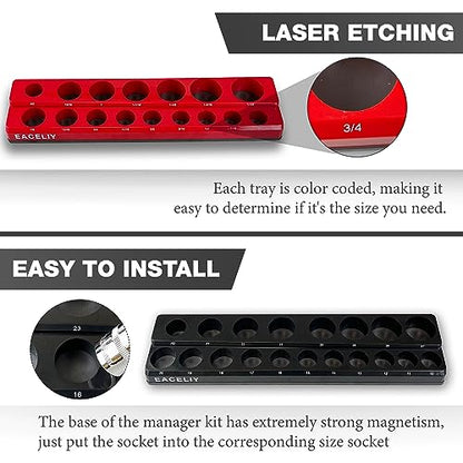 EACELIY Magnetic Socket Organizer Set, 1/2", 1/4" and 3/8" SAE & Metric Deep & Shallow Socket Holder Kit, holds 141 stanard Sockets, attaches to steel box/tool cart (sockets not included) 丨6PCS