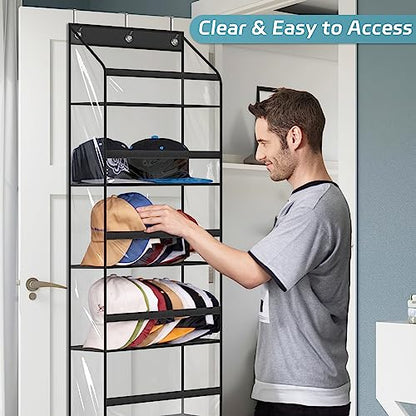 Clear Over The Door Hat Racks for Baseball Caps, Large Holds up to 72 Caps Hat Storage Organizer for Closet Wall, Deep Pockets Hanging Hat Holder with 3 Hooks, Black