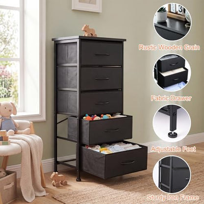 Fixwal Tall Skinny Dresser with 5 Fabric Drawers, Slim Dresser,Black | 33.8in height, 15.7in width, wooden top, breathable non-woven fabric, anti-tipping fittings, stable steel frame