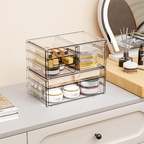 2 Pack Acrylic Drawer Organizer With 6 Drawers,Stackable 11.1” Large Clear Storage Drawers and Makeup Organizer For Vanity,Bathroom Countertop,Cabinet,Pantry,Office Supply Storage Bins Drawers