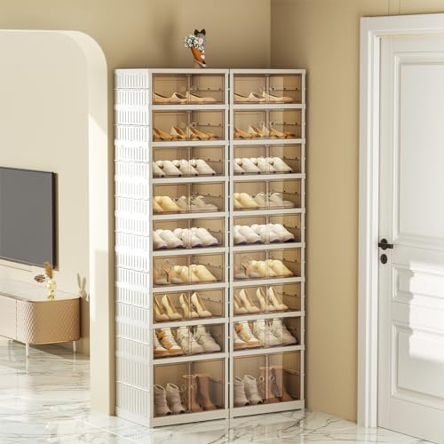 SYNCVIBE Collapsible Shoe Rack Organizer, 9 Tiers, 36 Pairs, 34.2" Wide | Foldable Shoe Storage with Doors, Plastic Shoe Cabinet with Wheels, Easy Assembly Shoe Shelves for Entryway and Living Room