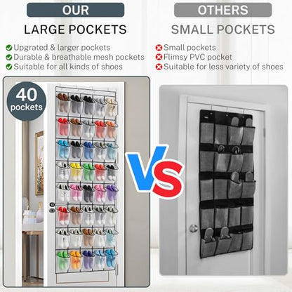 40 Large Mesh Pocket Over the Door Shoe Organizer,Hanging Shoe Rack for Door,Hualleko Shoes Organizer Hanger with Large Capacity, Shoes Storage Holder Sturdy Non-woven Fabric - Stores 20 Pairs (White)
