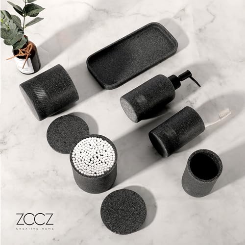 Black Stone Bathroom Accessories Set 6 Pieces - Toothbrush Holder, Lotion Dispenser, Qtip Container, Vanity Tray, Tumbler - Countertop Organizer for Bathrooms - Elegant and Functional Décor Set