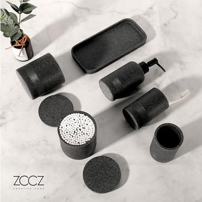 Black Stone Bathroom Accessories Set 6 Pieces - Toothbrush Holder, Lotion Dispenser, Qtip Container, Vanity Tray, Tumbler - Countertop Organizer for Bathrooms - Elegant and Functional Décor Set