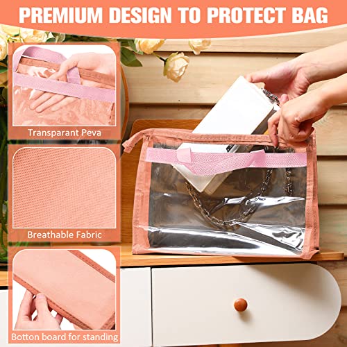 Shappy 15 Pieces Dust Cover Organizer Bags for Handbags, 3 Sizes Clear Handbag Storage Bag Purse Storage with Zipper and Handles Dust Bags for Purses Handbags Closet, 5 Each Size (Pink)