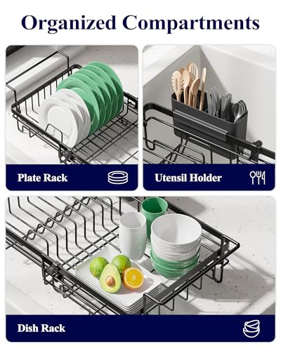 Kitsure Expandable in-Sink or Over-Sink Dish Drying Rack, Large, Black | Rust-Resistant Dish Rack for Kitchen Counter, Dish Drainer with Cutlery Holder, 10.82"-17.12" L x 11.02" W x 3.93" H