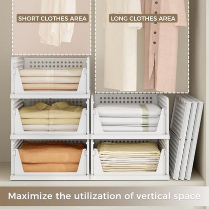 8 Pack Closet Organizer Storage Bins Stackable Plastic Drawer Shelf | Basket for Clothing Stackable Storage Bins Shelf Storage Container for Closet Wardrobe Bedroom Bathroom Office White Foldable