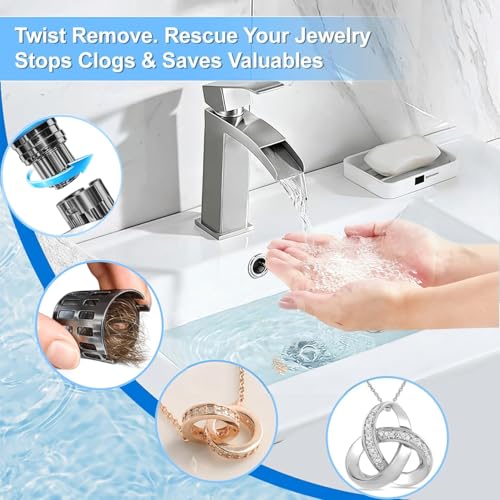 (All Metal) Bathroom Sink Stopper, Pop Up Drain Strainer for Bathroom Sink, Sink Plug Hair Catcher, Silent Popper Core w/Removable Filter Basket,Fit 1.05~2.0''Basin (Brushed Nickel, 1 Pack)