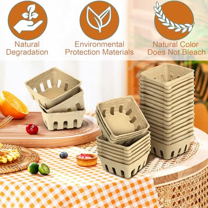 50 Pack Natural Pulp Fiber Berry Baskets with Blank Label for Vegetables Strawberry Blueberry Raspberry Egg, Farmer Market Produce Basket Containers Grocery Store Supplies Fruit Stand Supplies