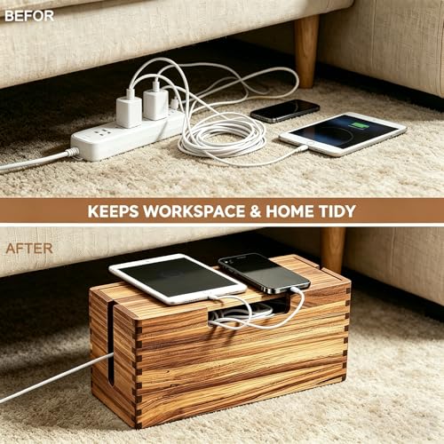 Acacia Wood Cable Management Box, Wooden Cord Hider Organizer for Power Strip, Electrical Hiding, TV Wires, Desk & Floor Cables, Under Desk Cable Organizer for Home Office