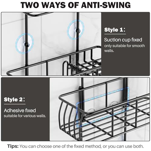 Epicano Shower Caddy Hanging,Large Capacity Shower Organizer,Black | Rustproof,Built-in Soap Dish & 4 Hooks for Loofahs,Suction & Adhesive Install,No Drilling Bathroom Shelves for Inside Shower